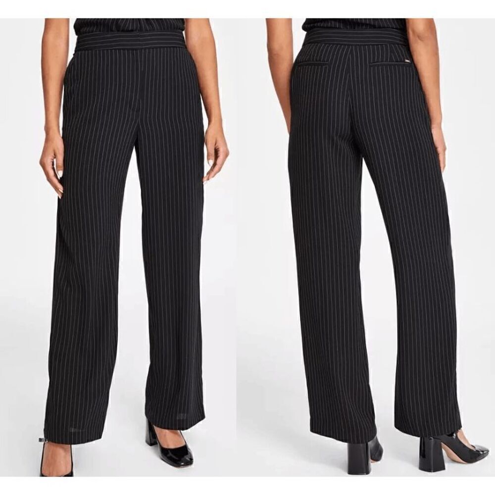 DKNY Women's Black High-Rise Wide-Leg Pinstripe Pants 0